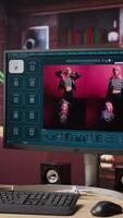 Vertical Computer in home office showing program converting text prompts into photo output. Text to image generative models AI tech software on computer display in cozy bright apartment video