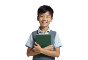 Smiling young student boy with book isolated on transparent background. png