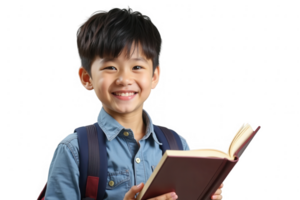 Smiling asian boy with backpack holding an open book, isolated on transparent background. Education and back-to-school concept png