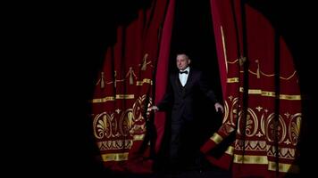 Kyiv, Ukraine, 29 May 2024 Man is speaking in the light of the floodlights standing on stage to the camera. Actor, artist on performance. Active gestures with hands. video