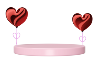 3d podium with couple heart shaped balloon isolated. Happy valentine's day concept, 3d illustration render png