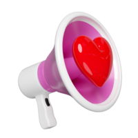 3d megaphone speaker with pink heart isolated. happy valentine's day concept, 3d illustration render png