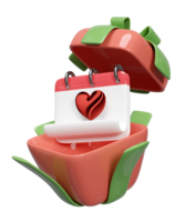 3d calendar with hands hugging heart, open gift box isolated. Happy valentine's day, health love or world heart day concept, 3d illustration render png