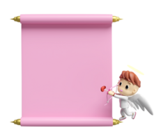 3d announcement roll banner with cupid cartoon isolated. happy valentine's day concept, 3d illustration render png