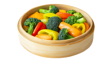 Healthy vegetables in a bamboo steamer on transparent background png