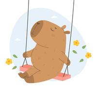Funny capybara sitting on swing and having fun vector