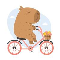 Funny capybara is riding a pink bicycle vector