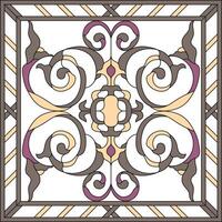 Ceiling panels stained glass window. Abstract Flower, swirls and leaves in square frame, geometric ornament, symmetric composition, stained glass tiffany technique, classic style vector