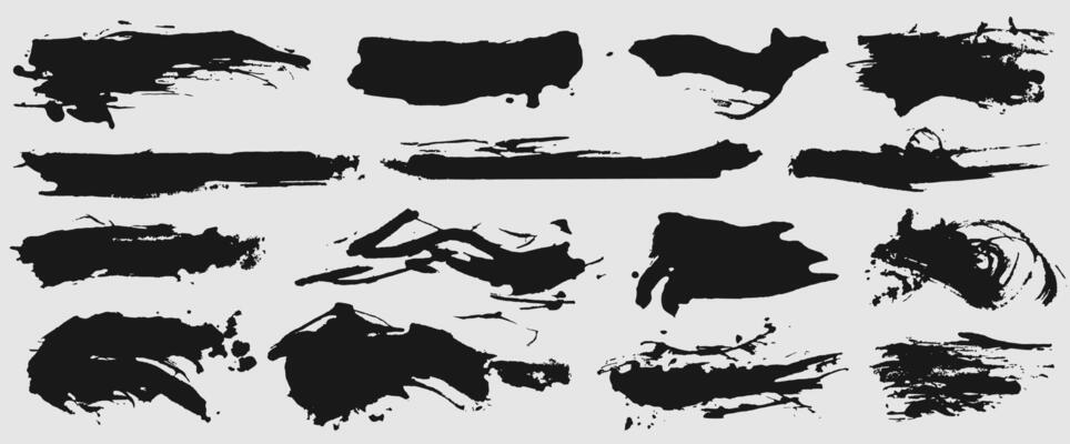 Black silhouette of spot with droplets, smudges, stains, splashes. Ink blot in grunge style. Dirt brush stroke set. Abstract daub