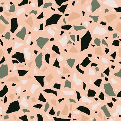 Pink terrazzo seamless pattern. Colored stones. Abstract white background with chaotic polished pebble. Marble texture in pastel colors