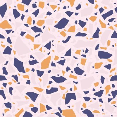 Terrazzo flooring texture. Polished pebble stone tile background. Abstract blue and orange color seamless pattern