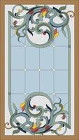 Stained glass panel in a rectangular frame. Classic window, abstract floral arrangement of buds and leaves vector