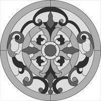 Ceiling round panels, stained glass window. Abstract Flower, swirls and leaves in circle frame, geometric ornament, symmetric composition, tiffany technique, classic style vector