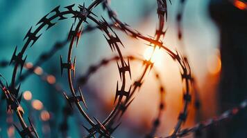 Close-up of barbed wire against a sunset backdrop. The sharp points and intricate details of the wire are emphasized, creating a dramatic and textured image. video