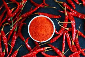 rojo caliente chile pimienta polvo en un blanco cuenco con seco chile foto