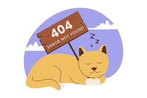 Flat design of cat sleeping with 404 error page not found vector