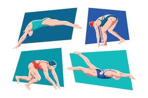 Set of female swimmer character in action. Isolated on white background. Flat illustration. vector