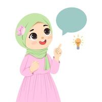 cute little Muslim girl, with pointing finger accompanied by empty chat bubble and idea lamp vector