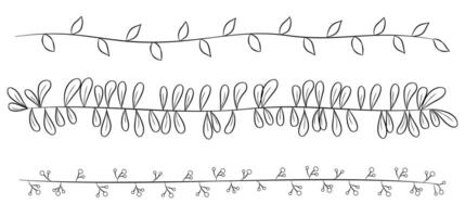 Horizontal long floral garland. Branch, leaf frame, border. Ink sketch, set. vector