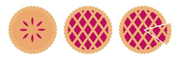 National Cherry Pie Day. Pie top view. Cooked tasty round food pastry pie desserts exact , cherry pie. three different types of pie with different designs vector