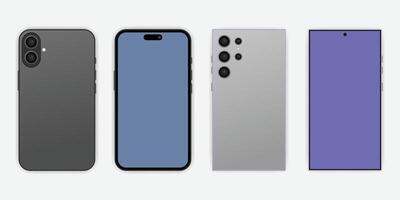 Set of front and back view smartphone mockups. Cellphone frame with blue background screen isolated templates. Mobile device mockups for presentation template. vector