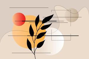 Abstract geometric shapes background with leaves, circles, and lines. Peaceful backdrop. Modern boho minimalist art. vector