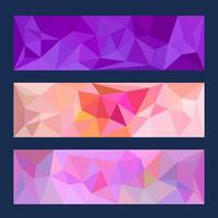 Set of three abstract low-poly banner designs in vibrant purple, pink, and orange hues, featuring a modern geometric style ideal for creative projects and promotions. vector