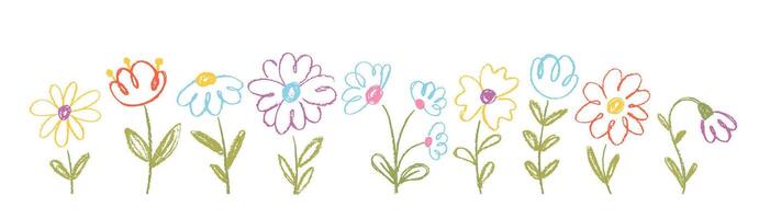 Collection of crayon doodle flowers with leaves. Spring Easter illustration with pastel or chalk texture. Color kids illustration on a white background. vector