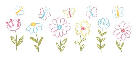 Set of doodle flowers for kids with crayon, chalk or pastel texture. Sketch spring floral background with butterflies. Easter or summer illustration. vector