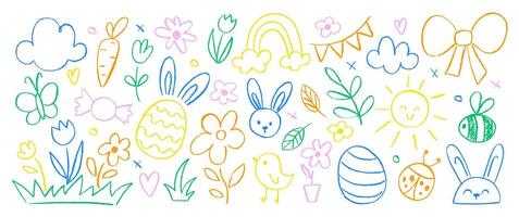 Collection of hand drawn Easter elements with crayon or pastel texture. Chalk bunny, flower, eggs and butterfly. Doodle color illustration on a white background. vector