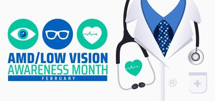 AMDLow or AMD Low Vision Awareness Month background banner or poster design template. observed every year in February. Holiday concept. Use to any Template, card, poster, placard, template. vector