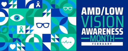 AMD Low Vision Awareness Month geometric shape pattern background banner or poster design template. observed every year in February. Holiday concept. Use to any Template, card, poster, placard. vector