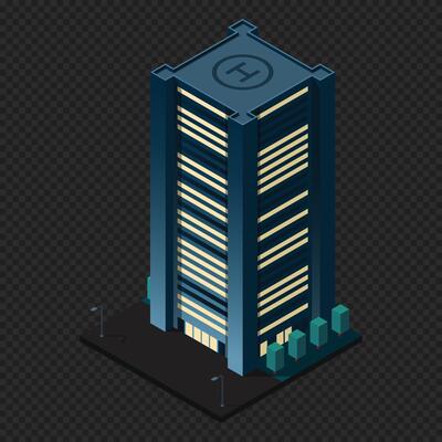 Isometric city building at night. Isometric modern building. Skyscraper building or business office. illustration.