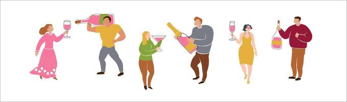 man and woman joyfully holding a large glass of wine, embodying the wine lover concept. This humorous, colorful typography design is perfect for posters, apparel, or bar menus. vector