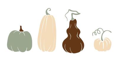 Four playful, stylized pumpkins in different shapes, colors on a white background. Whimsical, fun, creative autumn symbols for farm, harvest, Halloween designs, autumn country products promotions. vector