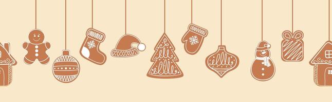Christmas ginger cookies Hanging on strings. biscuits in shape of gingerbread man, house, Christmas tree, snowman, gift, Santa hat. background for card, banner, site design vector