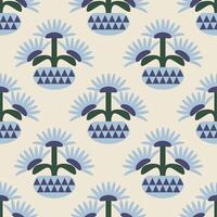 Blooming Blue And Green Floral Pattern With Geometry Motif Retro Feminine Style. vector