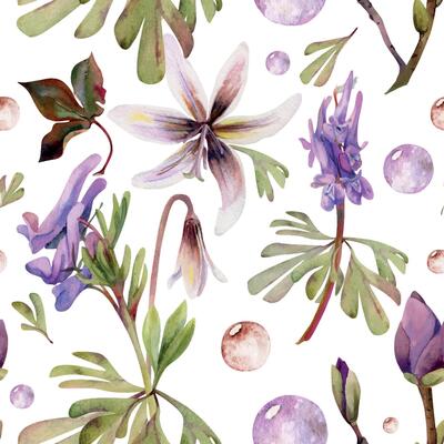 Spring forest flowers, white fawn trout lily, purple corydalis vetch orchid, brown leaves, glass bubbles hand drawn in watercolor. Botanical isolated illustration for wedding, florist shop, stationery