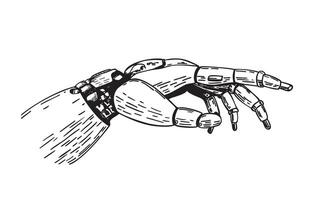 Robotic Hand. Artificial intelligence robot hand. Cyborg droid arm. Robotic prosthesis mechanical futuristic robot hand with metal fingers vector