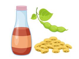 Glass bottle full of soy sauce. Soy beans. Logo, icon and label for your design. Naturally brewed. vector