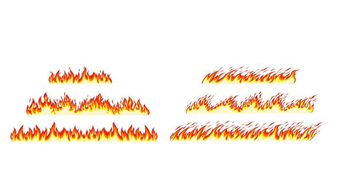 Fire borders on white. Cartoon flame banner border elements, orange burn bounds. Fire horizontal format.