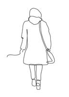 One continuous line drawing, woman walking. Woman in the style of continuous drawing art. Line art vector