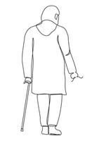 Elderly man with stick. Continuous one line drawing. Walking senior man from behind. Continuous one line drawing of full length profile of a senior man walking. vector