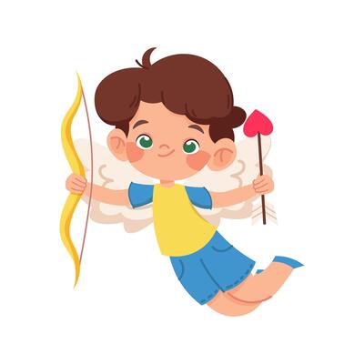 Preschool boy with wings, bow and arrows. Boy Cupid on white background. character for Valentine's Day