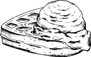 Hand drawn black and white illustration of a soft heart-shaped Belgian waffle with a scoop of ice cream. Perfect for bakery menus, dessert branding, packaging, holiday culinary designs vector