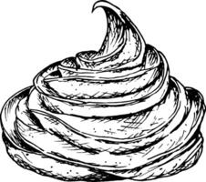 Elegant hand-drawn black-and-white illustration of a whipped cream swirl. Ideal for bakery branding, dessert menus, festive packaging, and culinary designs with a modern or vintage aesthetic. vector