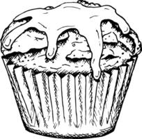 illustration of a cupcake topped with dripping glaze. Hand-drawn in black-and-white, perfect for festive bakery menus, dessert branding, Valentine s Day cards and creative culinary project vector