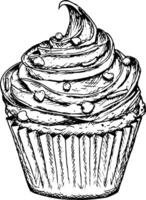 illustration of a cupcake topped with whipped cream swirl sprinkles in the shape of a heart. Hand-drawn in black-and-white, perfect for festive bakery menus, dessert branding, Valentine cards vector
