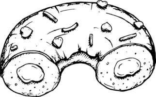 Detailed hand drawn black and white illustration of half a glazed and filled donut sprinkles in the shape of heart. Ideal for bakery branding, snack packaging, pastry shop menu, bakery projects vector