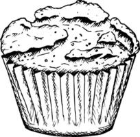 Hand-drawn black-and-white illustration of a muffin with detailed texture. Perfect for bakery, pastry shop branding, dessert menus, packaging, culinary projects and festive decorations vector